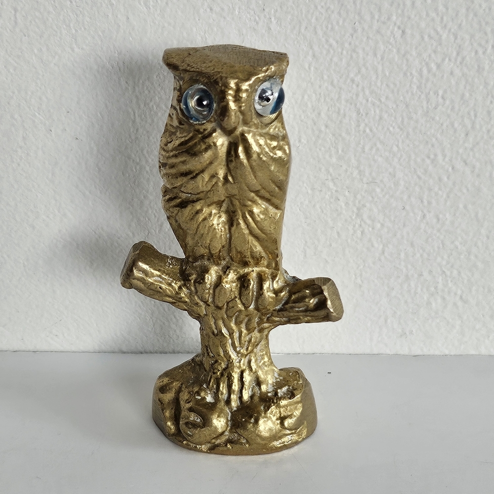 Owl on Perch glass eyed Brass figurine Halloween decor